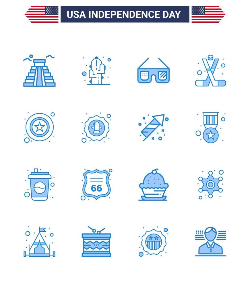 4th July USA Happy Independence Day Icon Symbols Group of 16 Modern Blues of men american sunglasses sports hockey Editable USA Day Vector Design Elements