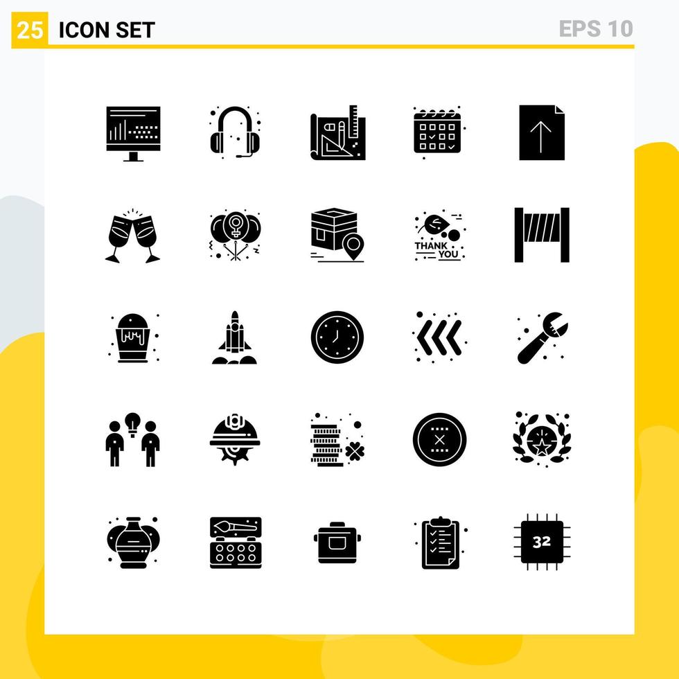 Group of 25 Modern Solid Glyphs Set for import date headphone calender pencil Editable Vector Design Elements