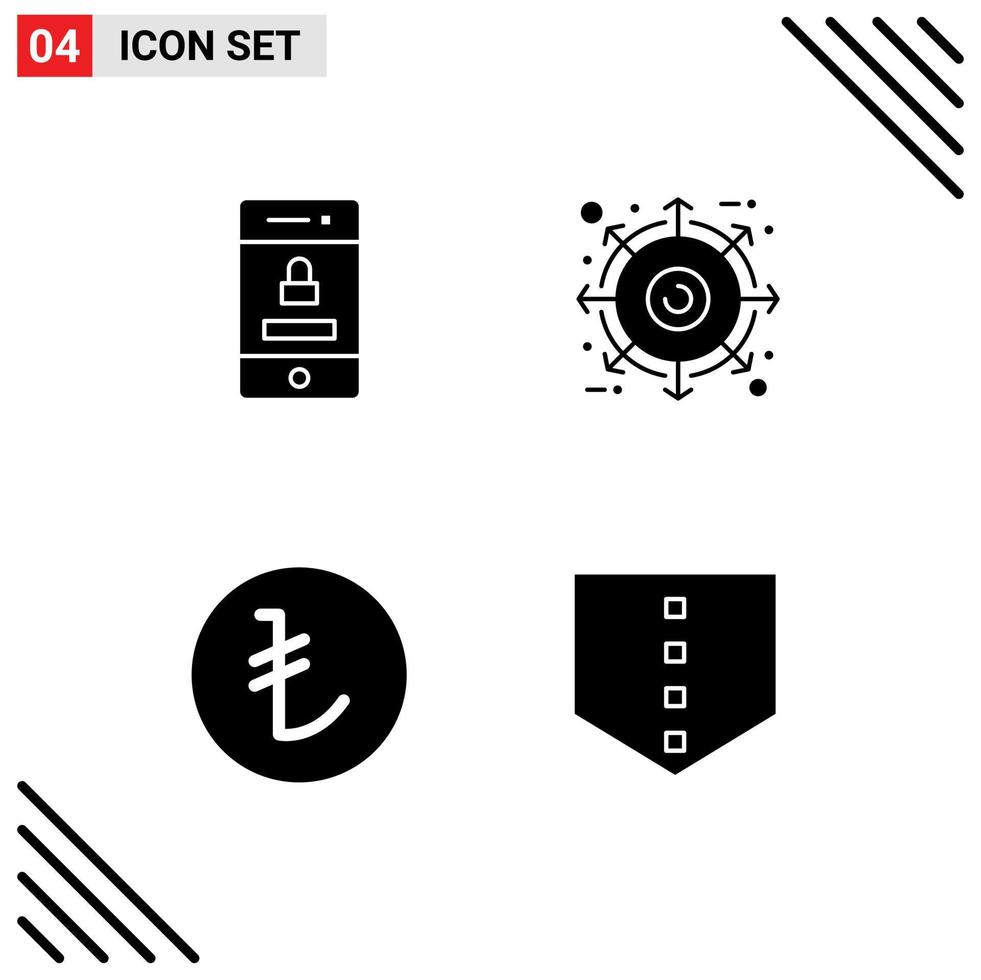 Mobile Interface Solid Glyph Set of 4 Pictograms of locked lira technology package protect Editable Vector Design Elements