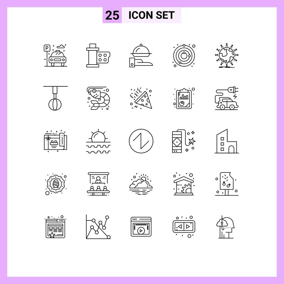Line Pack of 25 Universal Symbols of global space reel satellite serving Editable Vector Design Elements