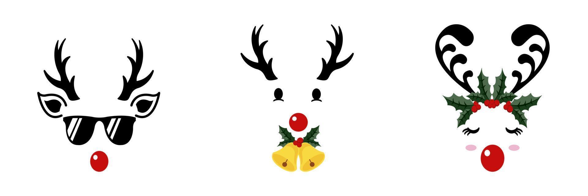 A cute collection of reindeer faces with Christmas characters are isolated on a white background. vector