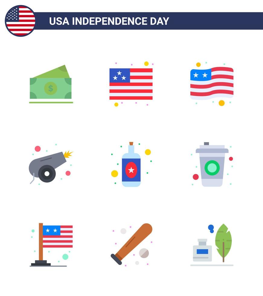 Happy Independence Day 9 Flats Icon Pack for Web and Print country cola canon bottle bottle Editable USA Day Vector Design Elements