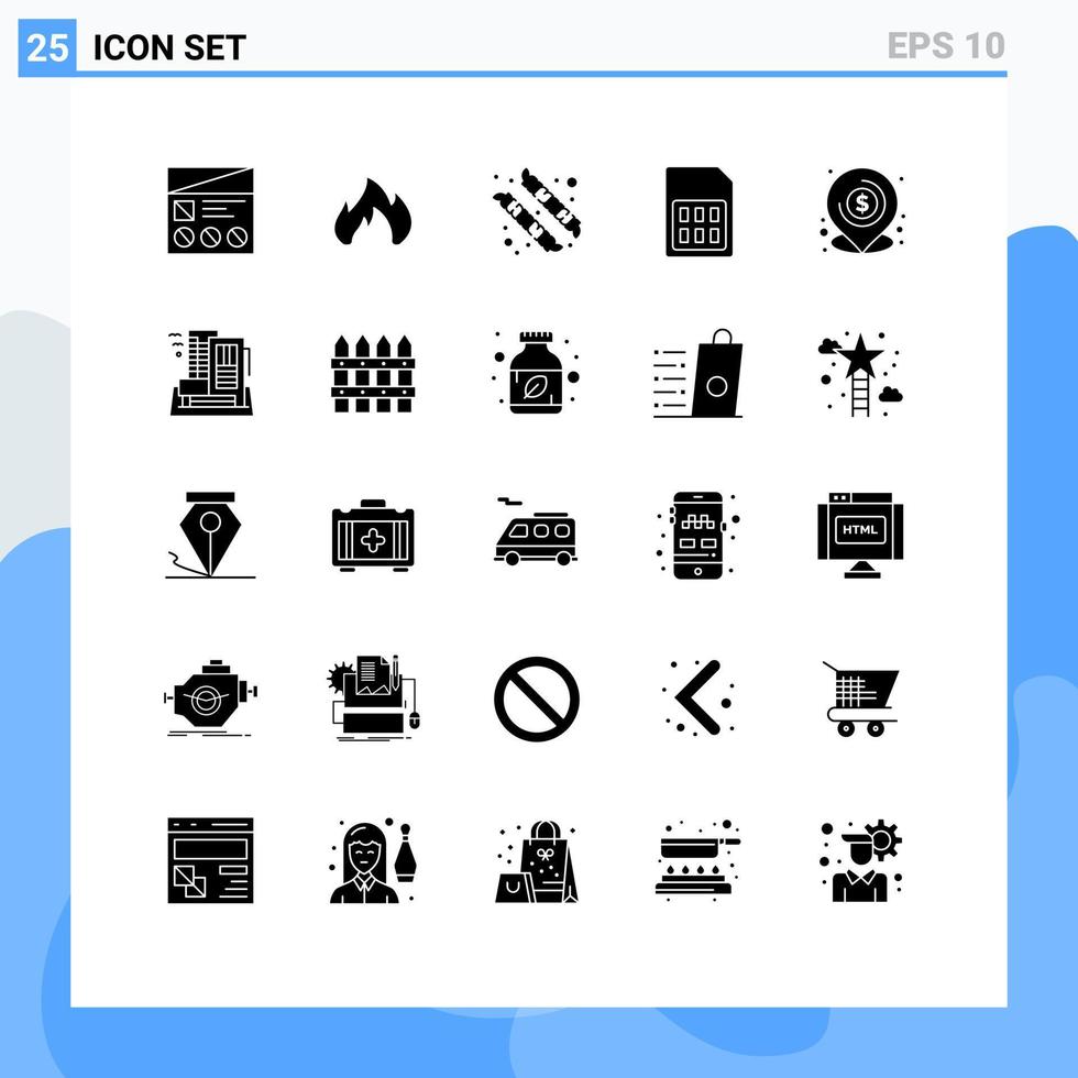 Set of 25 Vector Solid Glyphs on Grid for banking sim spark phone card Editable Vector Design Elements