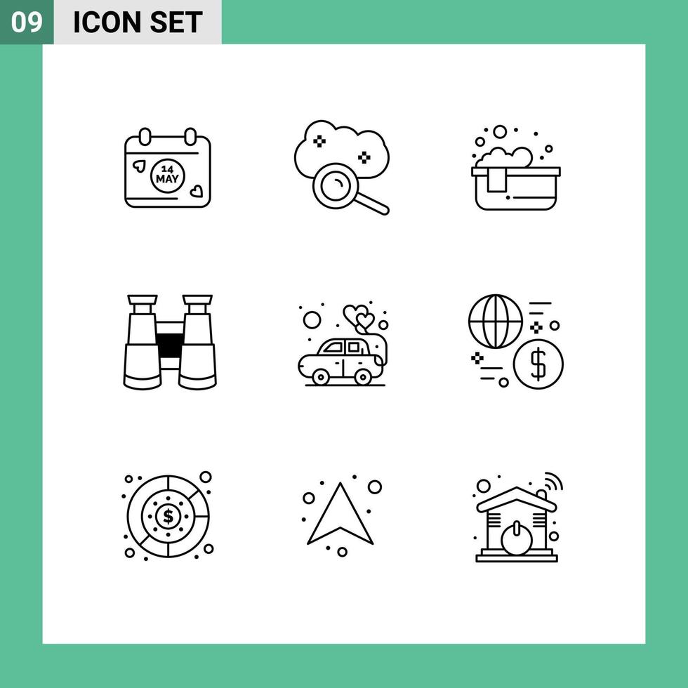 Pictogram Set of 9 Simple Outlines of love car bathtub watch binoculars Editable Vector Design Elements