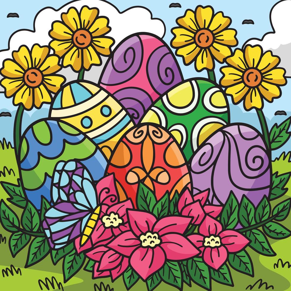 Easter Eggs with Flowers Colored Cartoon vector