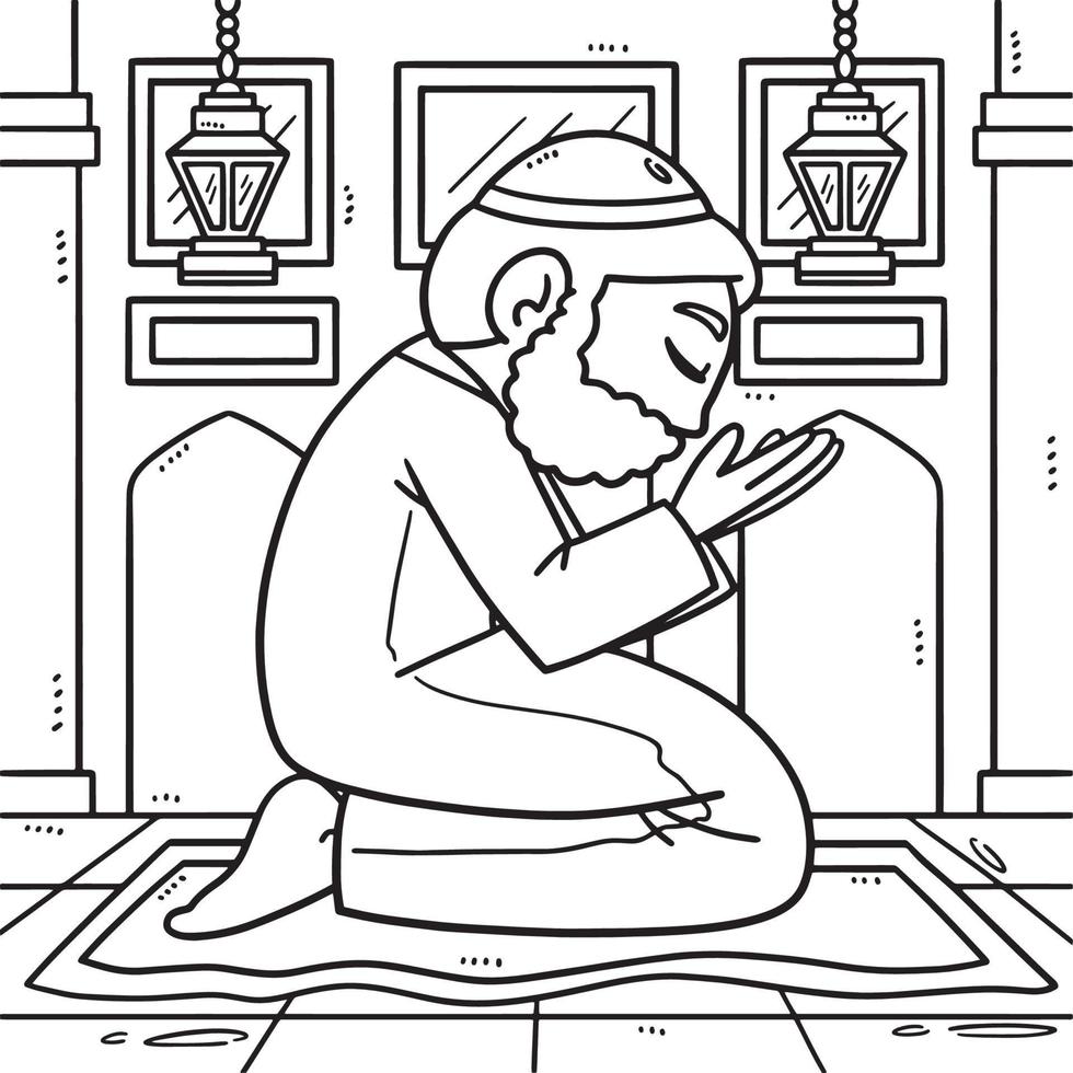 Ramadan Muslim Praying Coloring Page for Kids vector