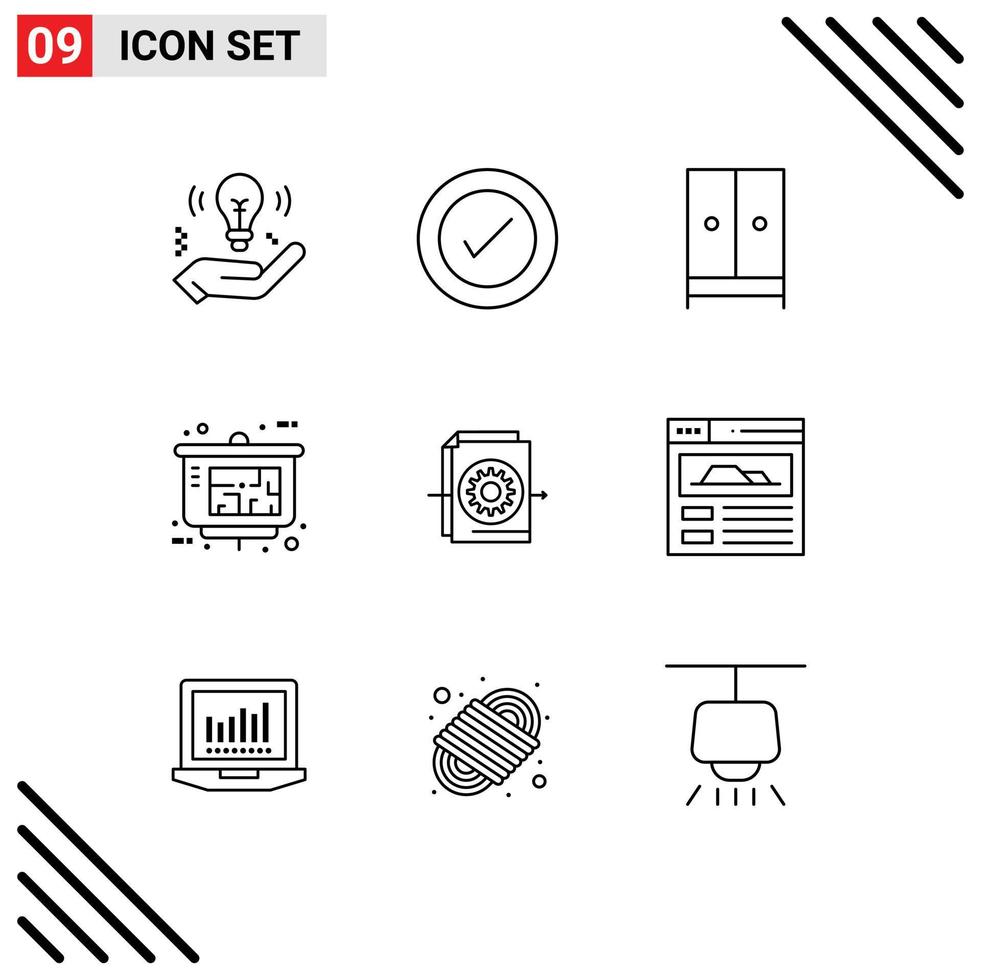 Universal Icon Symbols Group of 9 Modern Outlines of document property presentation appliances presentation hotel Editable Vector Design Elements