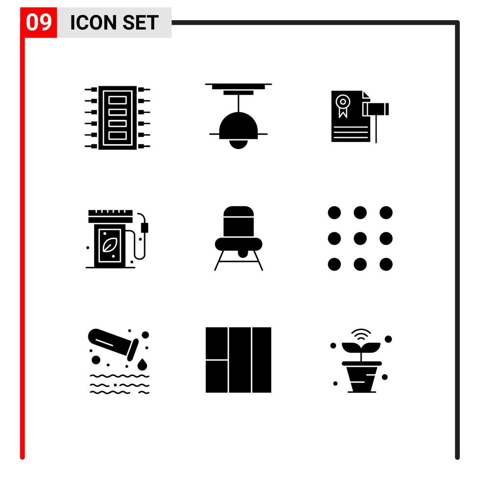 Pack of 9 Modern Solid Glyphs Signs and Symbols for Web Print Media such as energy earth day lamp judge expensive Editable Vector Design Elements