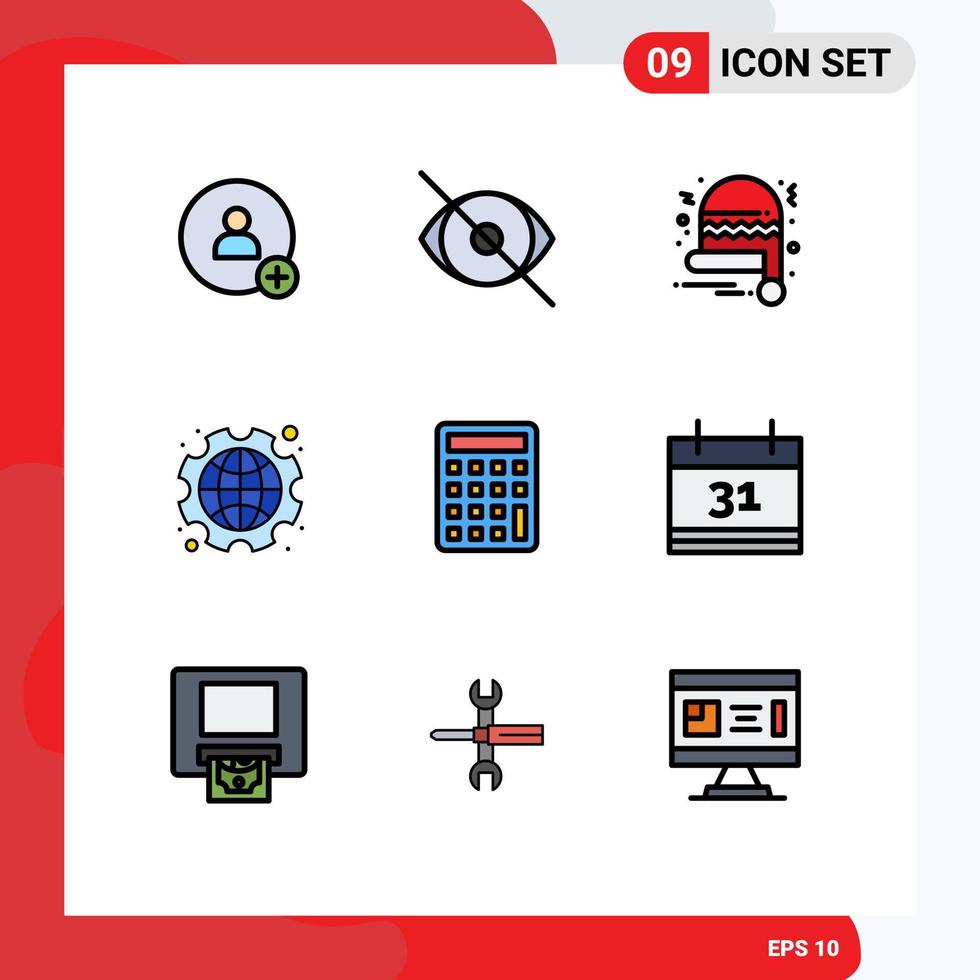 Pack of 9 Modern Filledline Flat Colors Signs and Symbols for Web Print Media such as calculate labour christmas hat labor day Editable Vector Design Elements