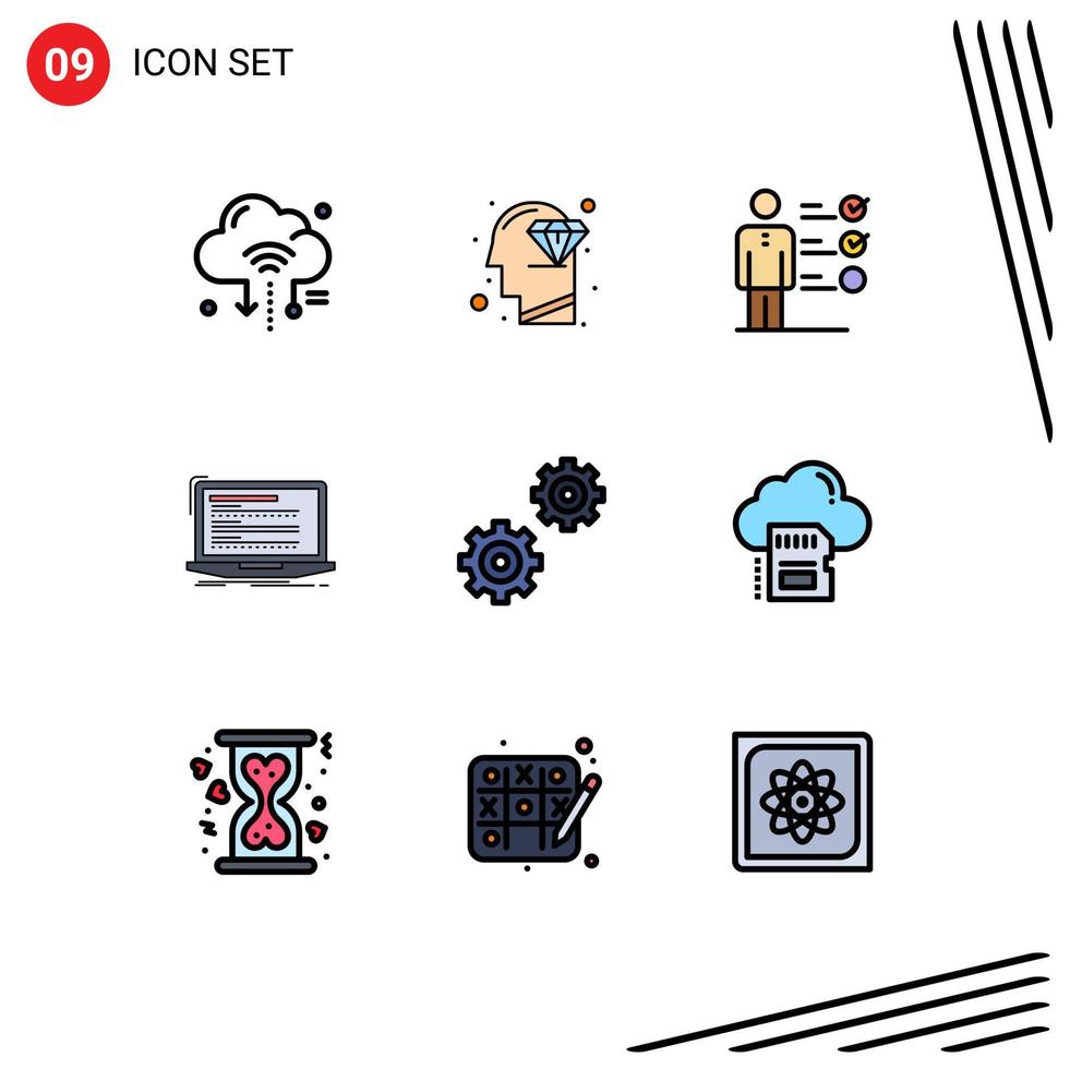 Set of 9 Vector Filledline Flat Colors on Grid for script computer perfection coding professional ability Editable Vector Design Elements