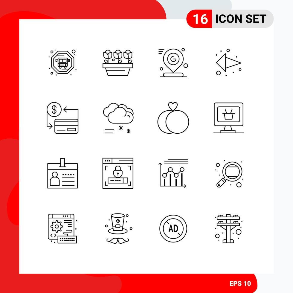 16 símbolos de signos de contorno universal de pin de tarjeta sin efectivo dirección de flecha izquierda elementos de diseño vectorial editables vector