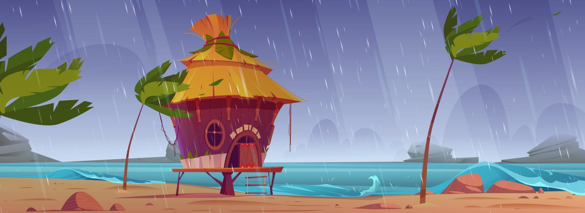 Storm on beach with hut or bungalow under rain vector