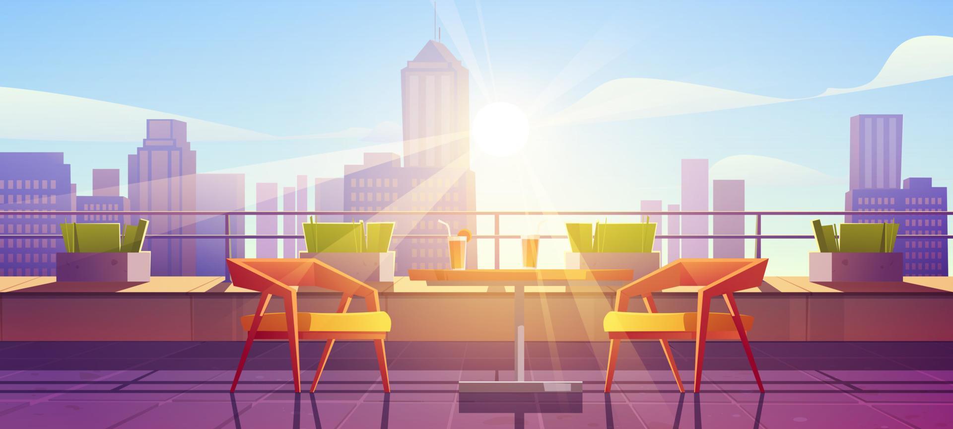 Restaurant on terrace on rooftop with city view vector