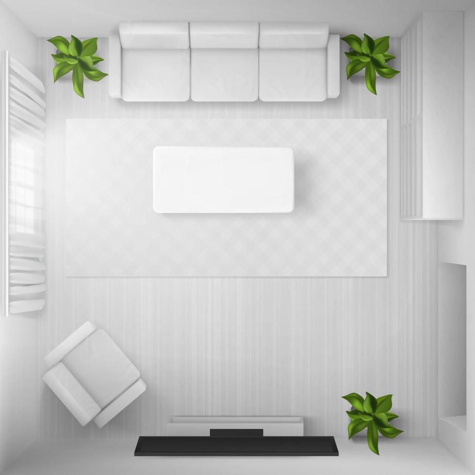 Living room with white furniture and tv top view vector