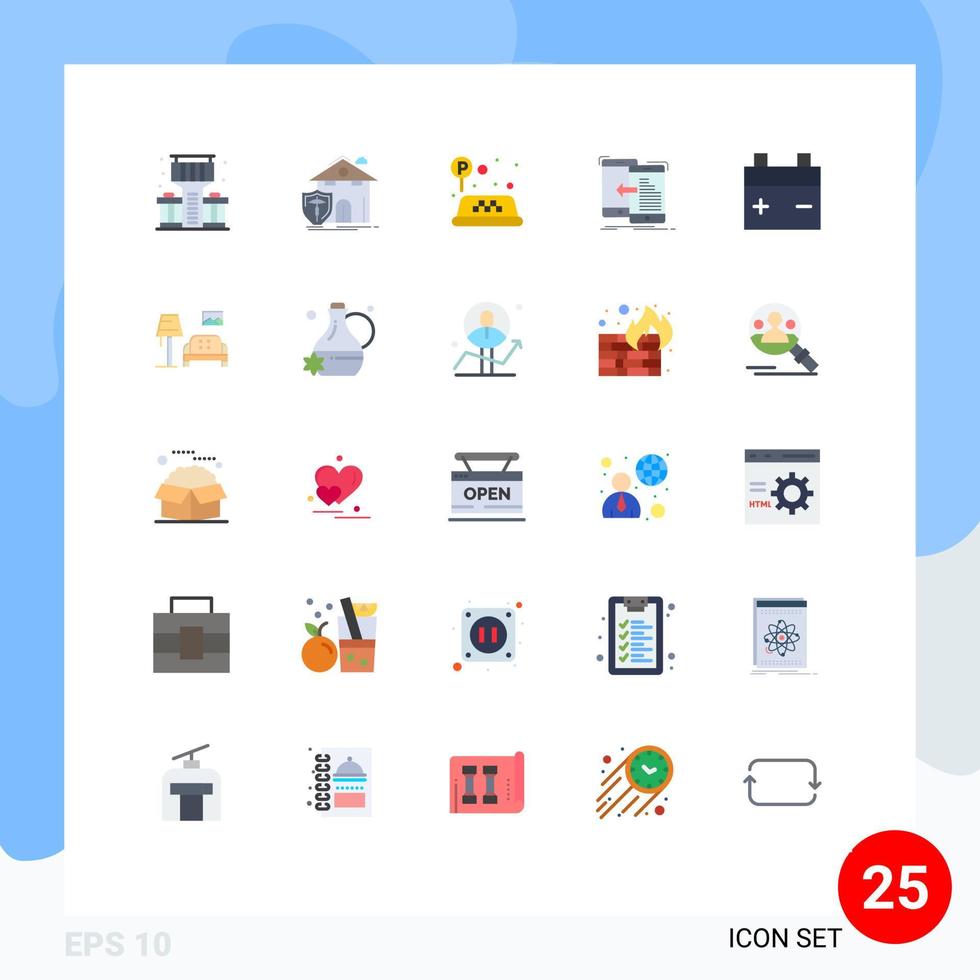 conjunto moderno de 25 colores planos y símbolos, como vehículos, gestión de señales de movimiento, transferencia de elementos de diseño de vectores editables