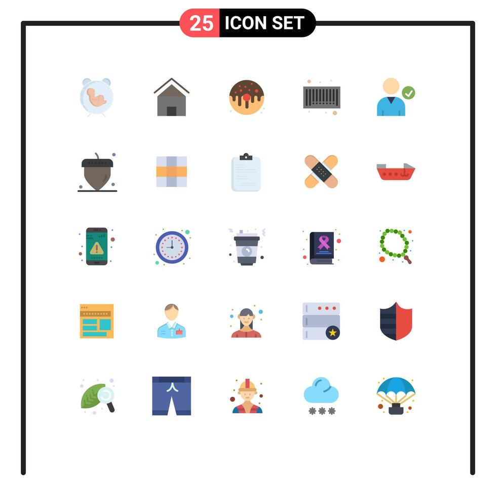 paquete de 25 signos y símbolos modernos de colores planos para medios de impresión web, como elementos de diseño de vectores editables de casa de barra de código donut dulce