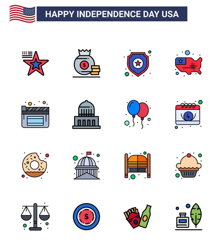 Set of 16 Modern Flat Filled Lines pack on USA Independence Day movies usa shield united map Editable USA Day Vector Design Elements