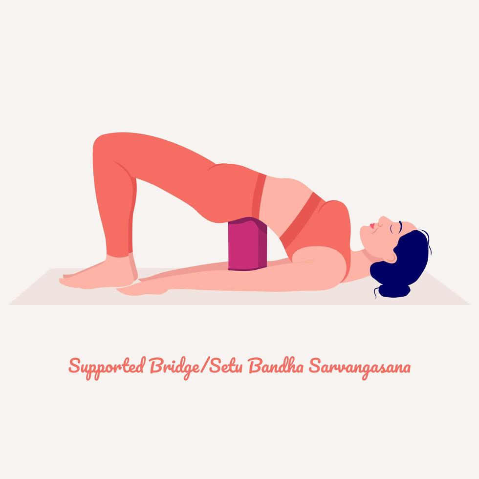 Supported Bridge Yoga pose. Young woman practicing yoga exercise. Woman workout fitness, aerobic and exercises. vector