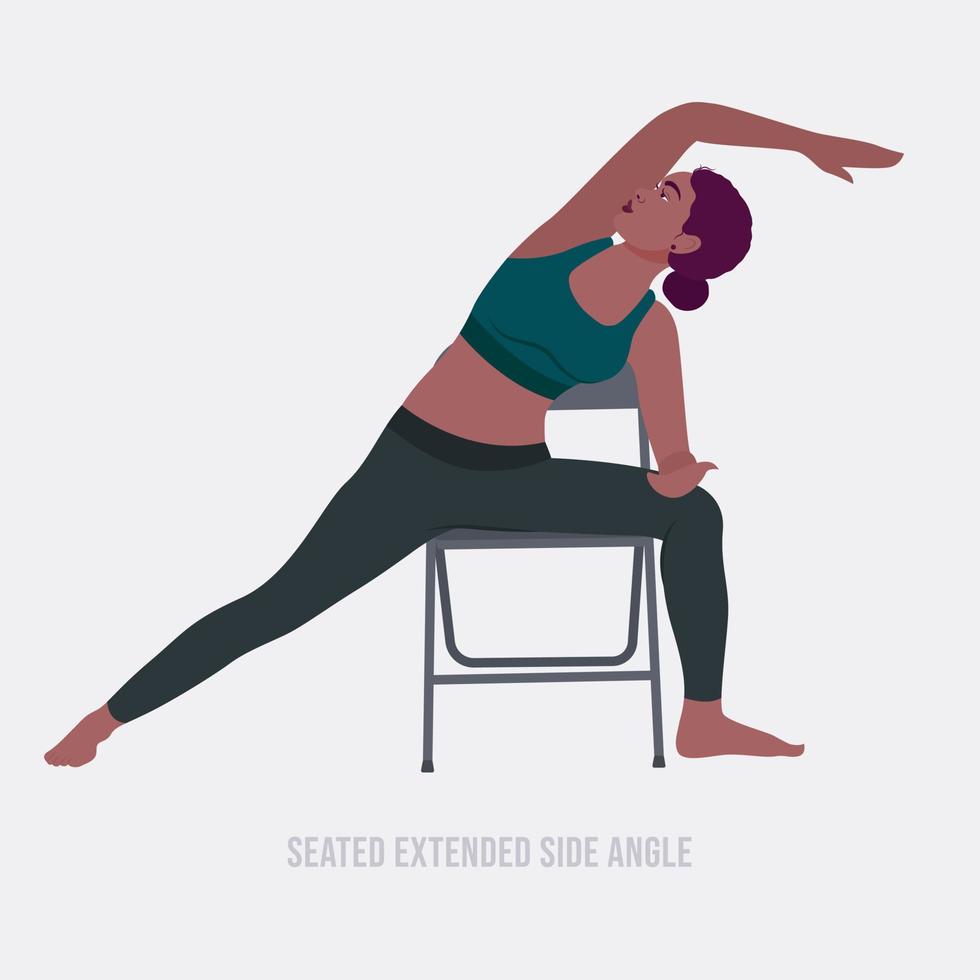 Seated Extended Side Angle exercise.woman doing fitness and yoga exercises with chair. vector