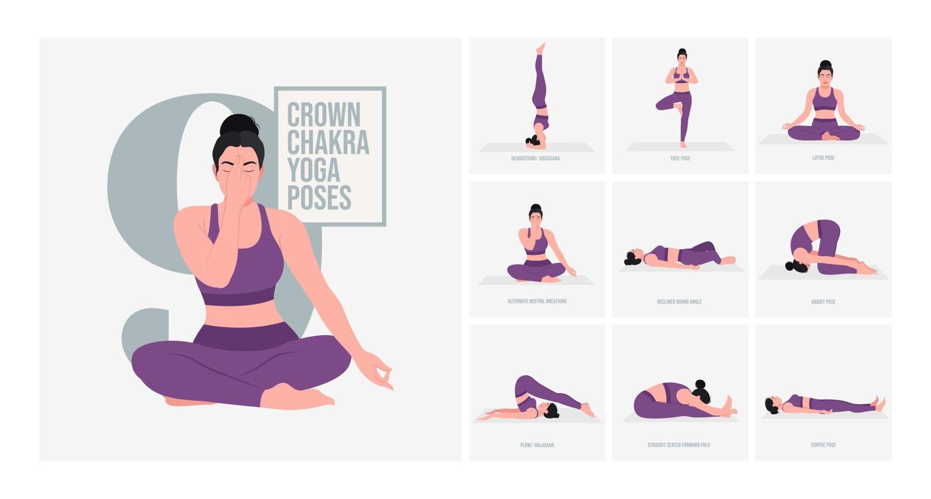 Posturas de yoga del chakra de la corona. mujer joven practicando pose de yoga. mujer entrenamiento fitness, aeróbicos y ejercicios. vector