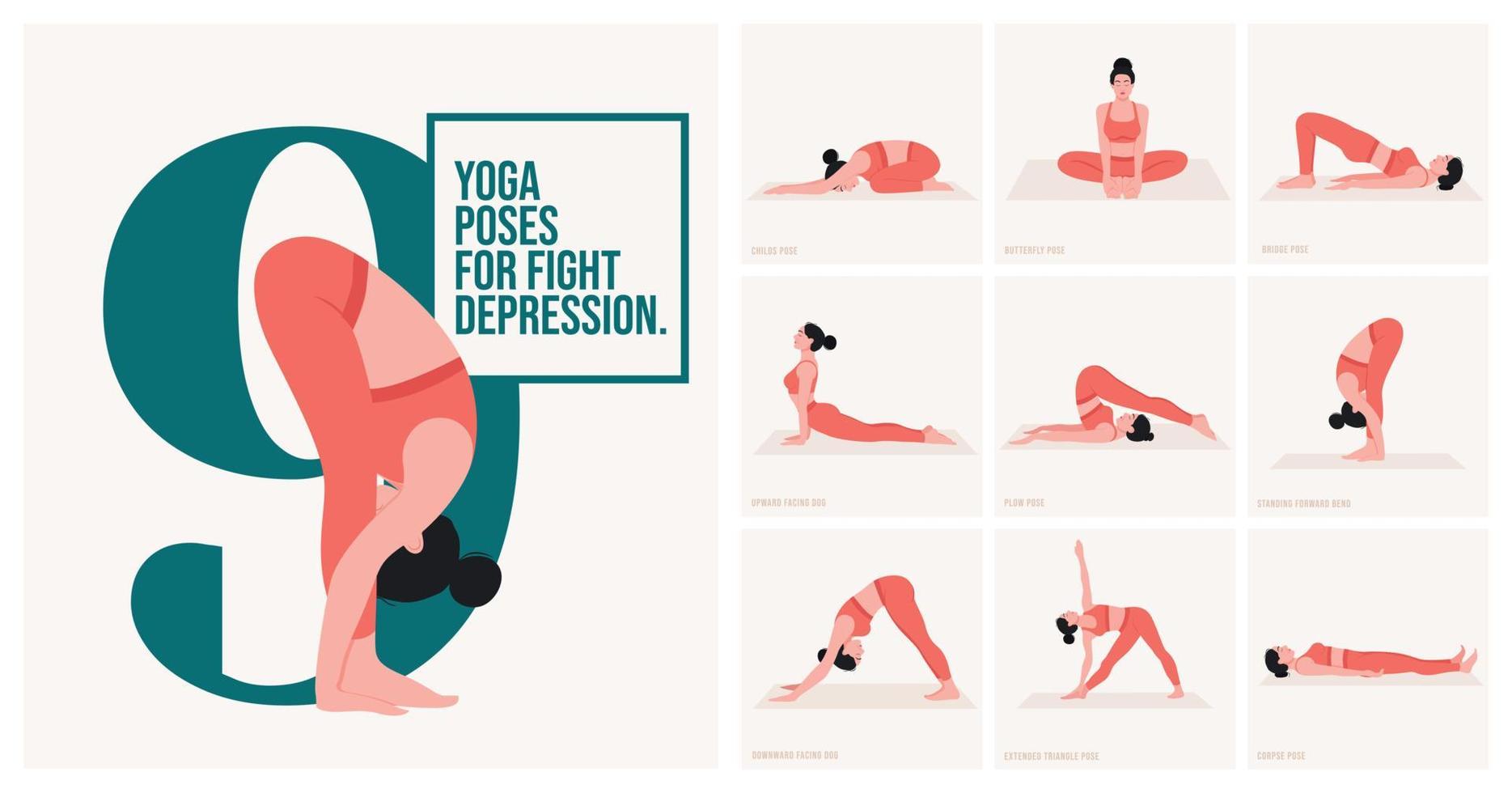 Posturas de yoga para combatir la depresión. mujer joven practicando pose de yoga. mujer entrenamiento fitness, aeróbicos y ejercicios. vector