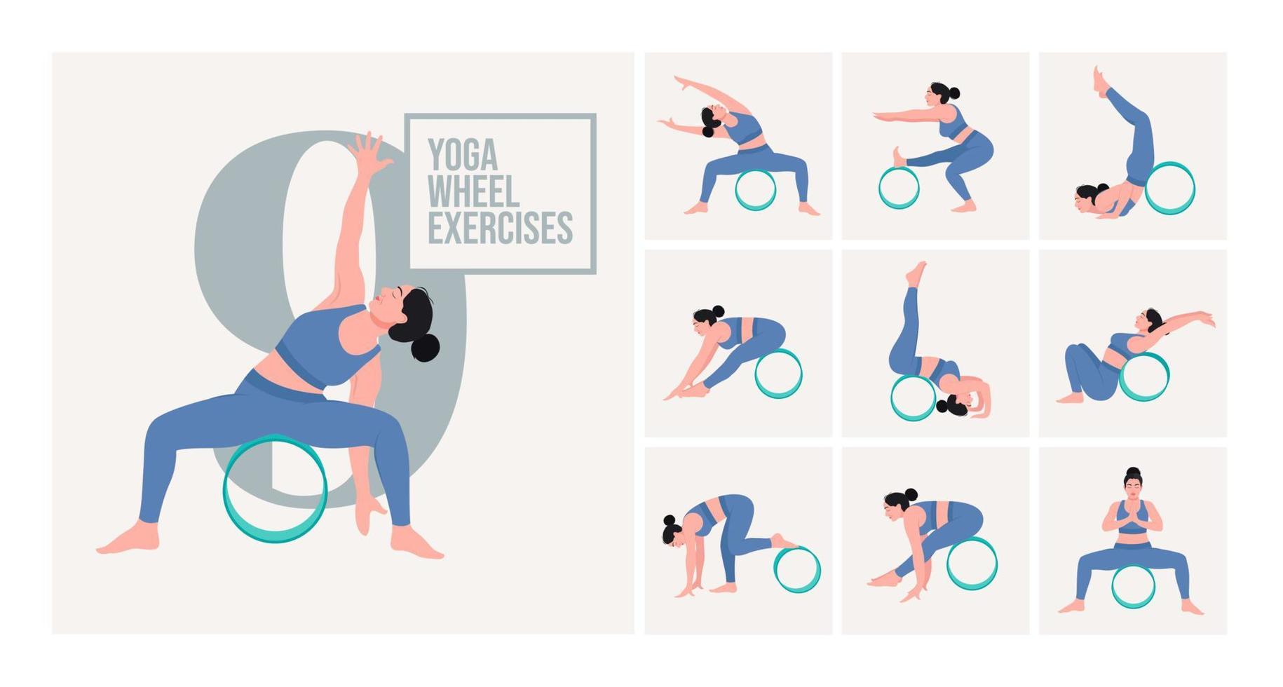 Yoga poses with Yoga wheel. Young woman practicing Yoga pose. Woman workout  fitness, aerobic and exercises. 14740438 Vector Art at Vecteezy