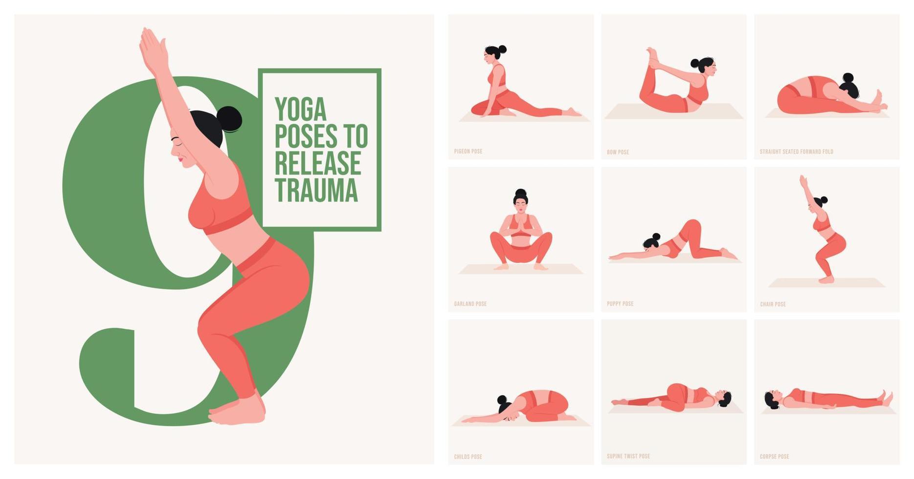 Posturas de yoga para liberar el trauma. mujer joven practicando pose de yoga. mujer entrenamiento fitness, aeróbicos y ejercicios. vector