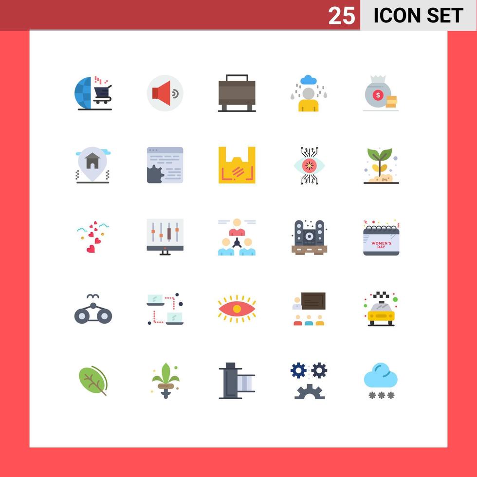 Universal Icon Symbols Group of 25 Modern Flat Colors of location money suitcase bag rainy Editable Vector Design Elements