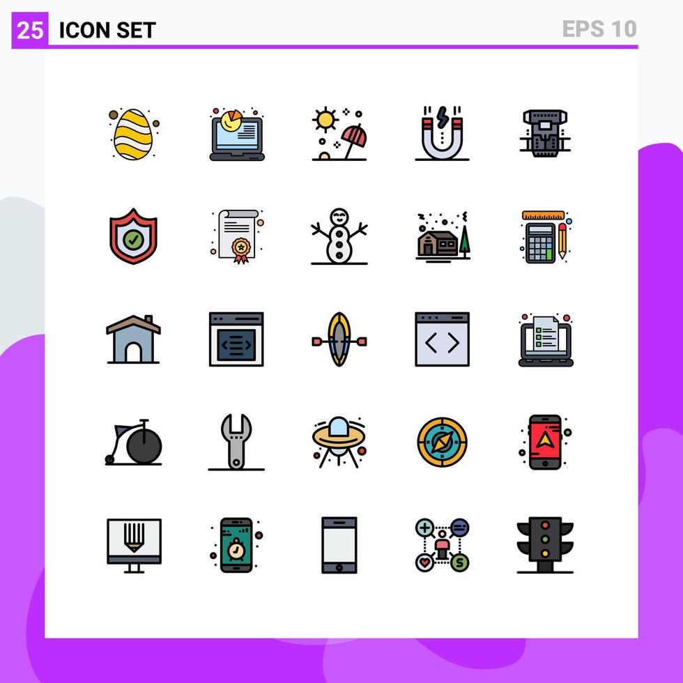 Pack of 25 Modern Filled line Flat Colors Signs and Symbols for Web Print Media such as snap interface beach design travel Editable Vector Design Elements