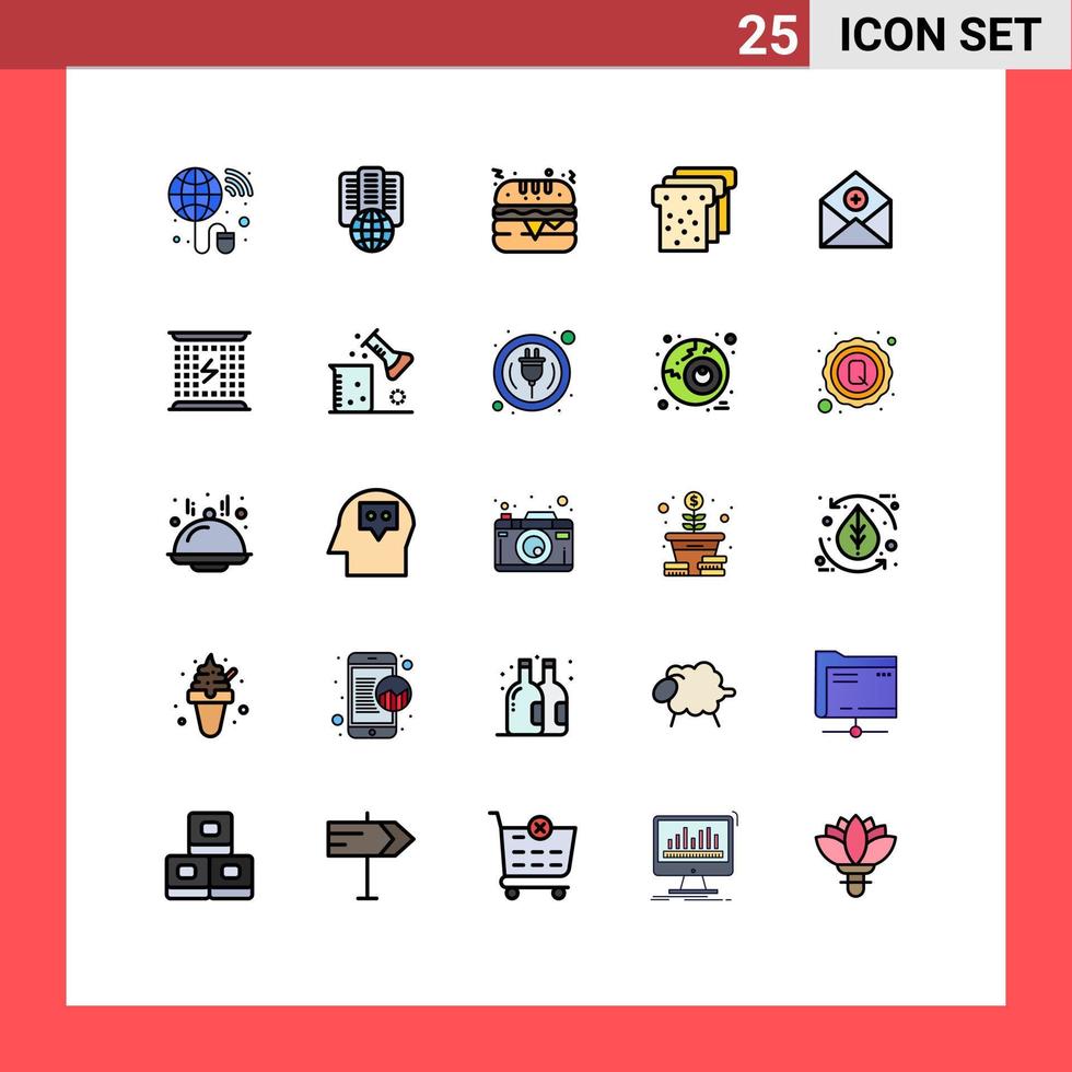 Group of 25 Filled line Flat Colors Signs and Symbols for communication add fast food add food Editable Vector Design Elements