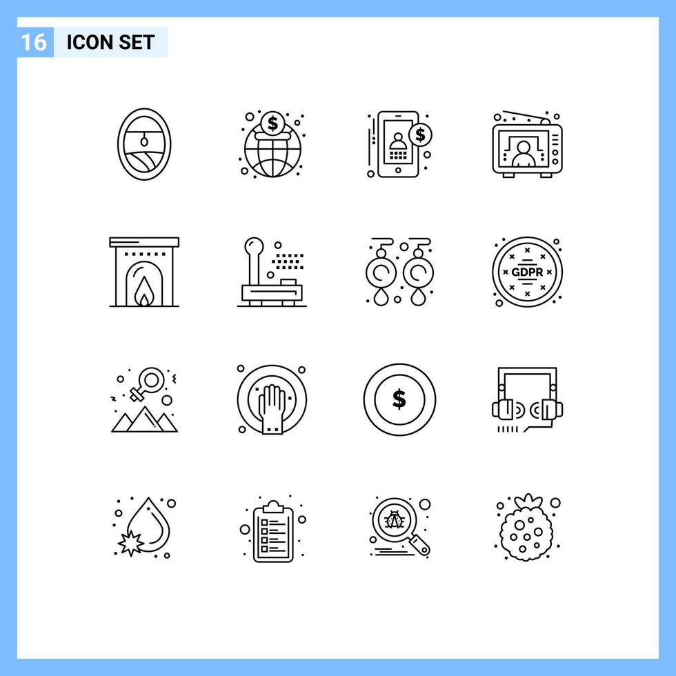 Set of 16 Vector Outlines on Grid for travel hotel accounting user television Editable Vector Design Elements