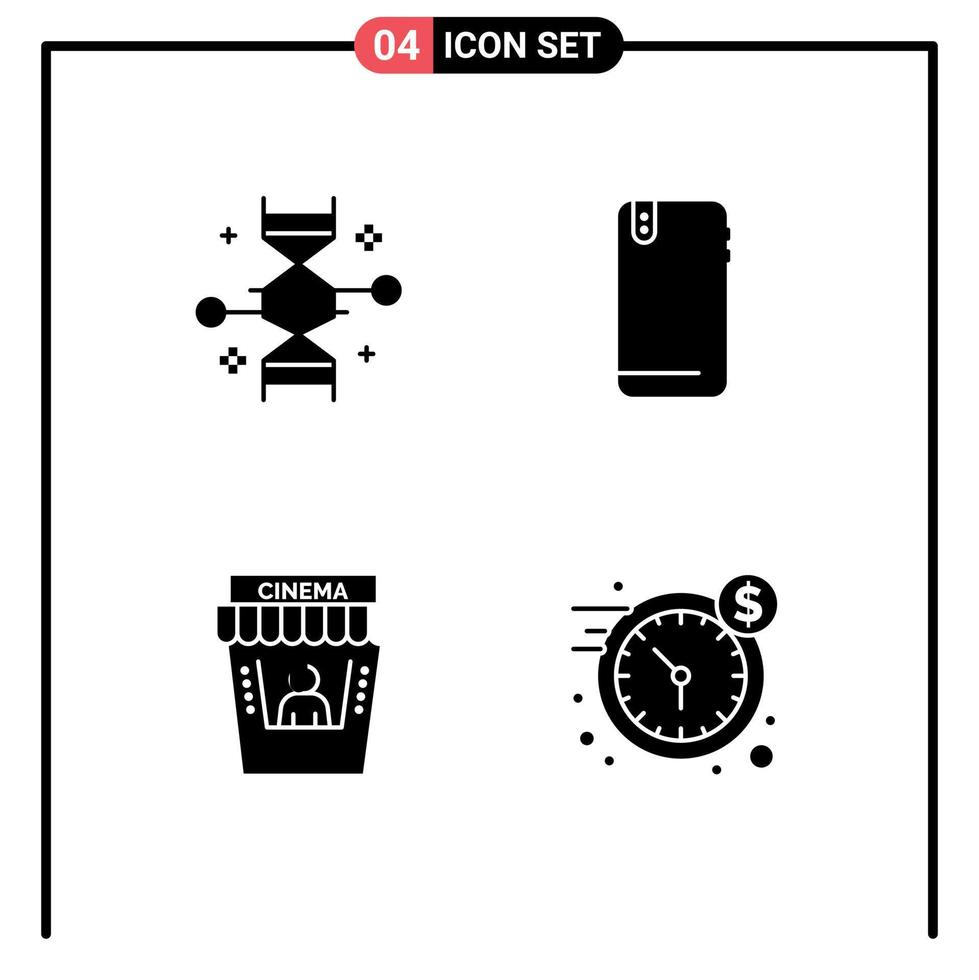 Universal Icon Symbols Group of 4 Modern Solid Glyphs of chromosome back genetic modification smart phone movie Editable Vector Design Elements