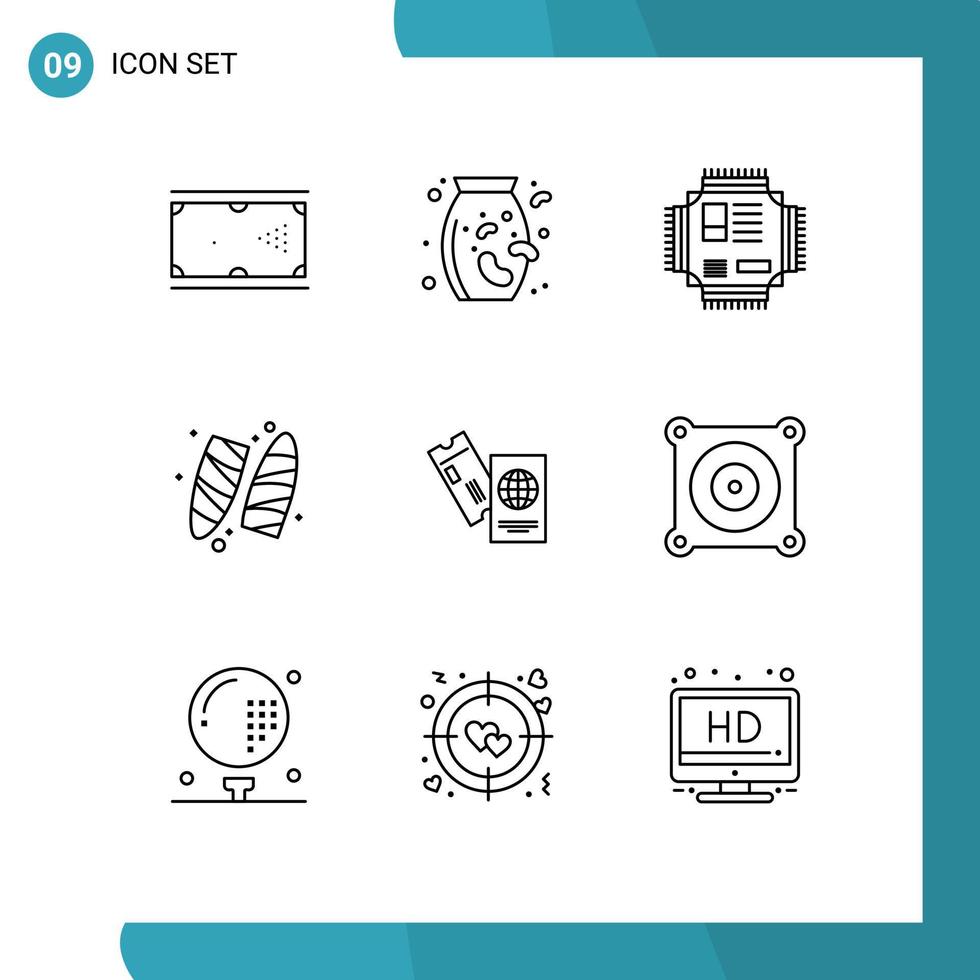 Mobile Interface Outline Set of 9 Pictograms of passport surfboard chip sports technology Editable Vector Design Elements