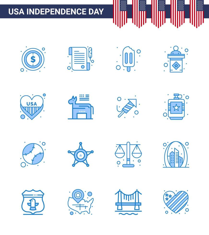 USA Independence Day Blue Set of 16 USA Pictograms of usa heart popsicle american stage Editable USA Day Vector Design Elements