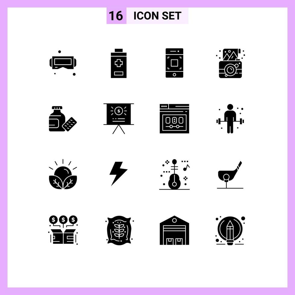 16 Universal Solid Glyph Signs Symbols of medicine photograph mobile photo camera Editable Vector Design Elements
