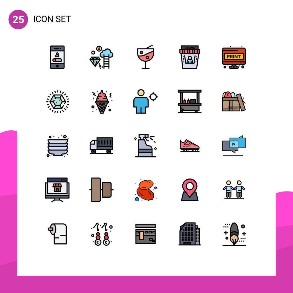 Mobile Interface Filled line Flat Color Set of 25 Pictograms of doc theater marketing movie theater cinema Editable Vector Design Elements