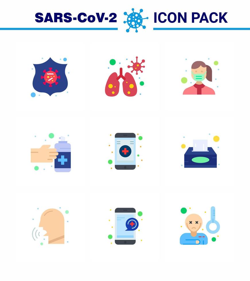 Covid19 icon set for infographic 9 Flat Color pack such as  online spray mask medication gestures viral coronavirus 2019nov disease Vector Design Elements