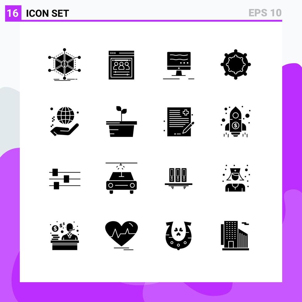 Modern Set of 16 Solid Glyphs Pictograph of world charity web team hand baby Editable Vector Design Elements