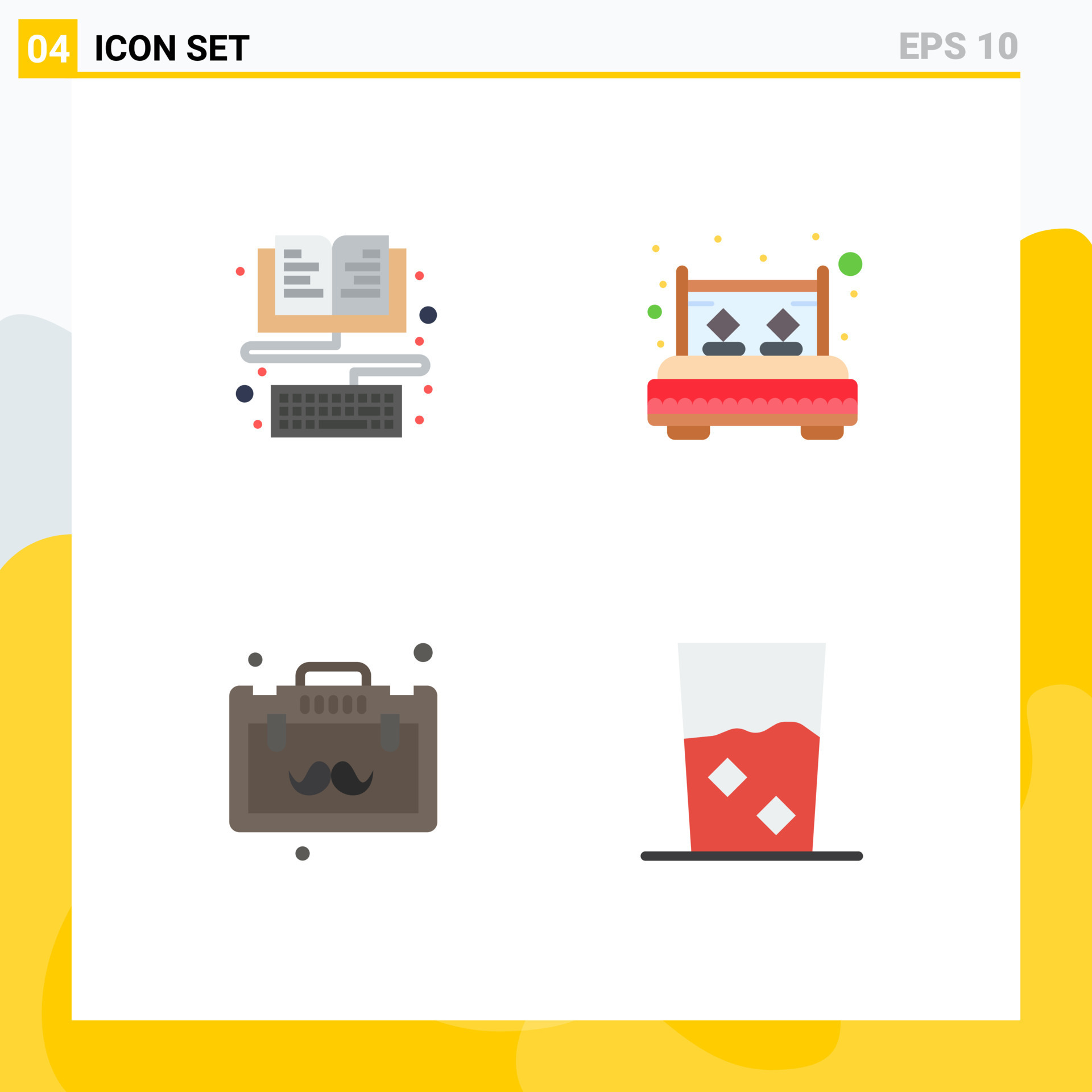 Group of 4 Modern Flat Icons Set for book briefcase keyboard interior