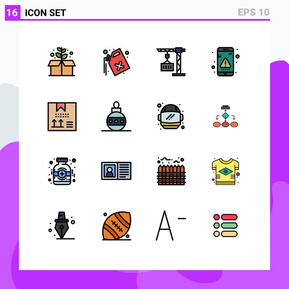 grupo de 16 líneas llenas de color plano, signos y símbolos para codificar mensajes de error de interfaz de grúa, elementos de diseño de vectores creativos editables