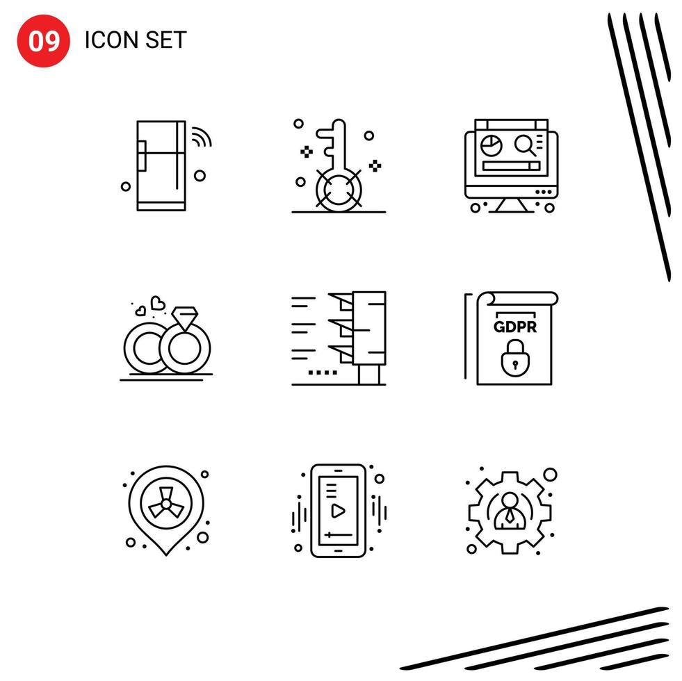 9 Universal Outlines Set for Web and Mobile Applications traffic wedding optimization merraige graph Editable Vector Design Elements