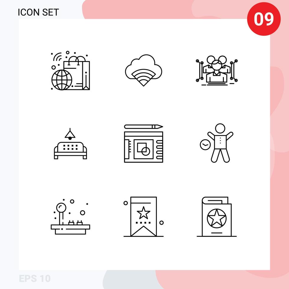 Mobile Interface Outline Set of 9 Pictograms of graph lump anthropometry furniture public Editable Vector Design Elements