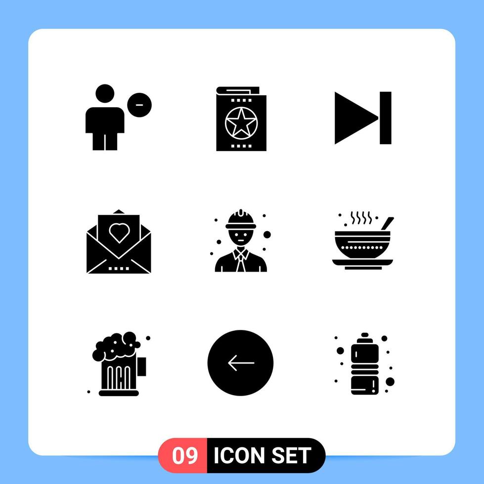 Set of 9 Vector Solid Glyphs on Grid for mail love knowledge heart last Editable Vector Design Elements