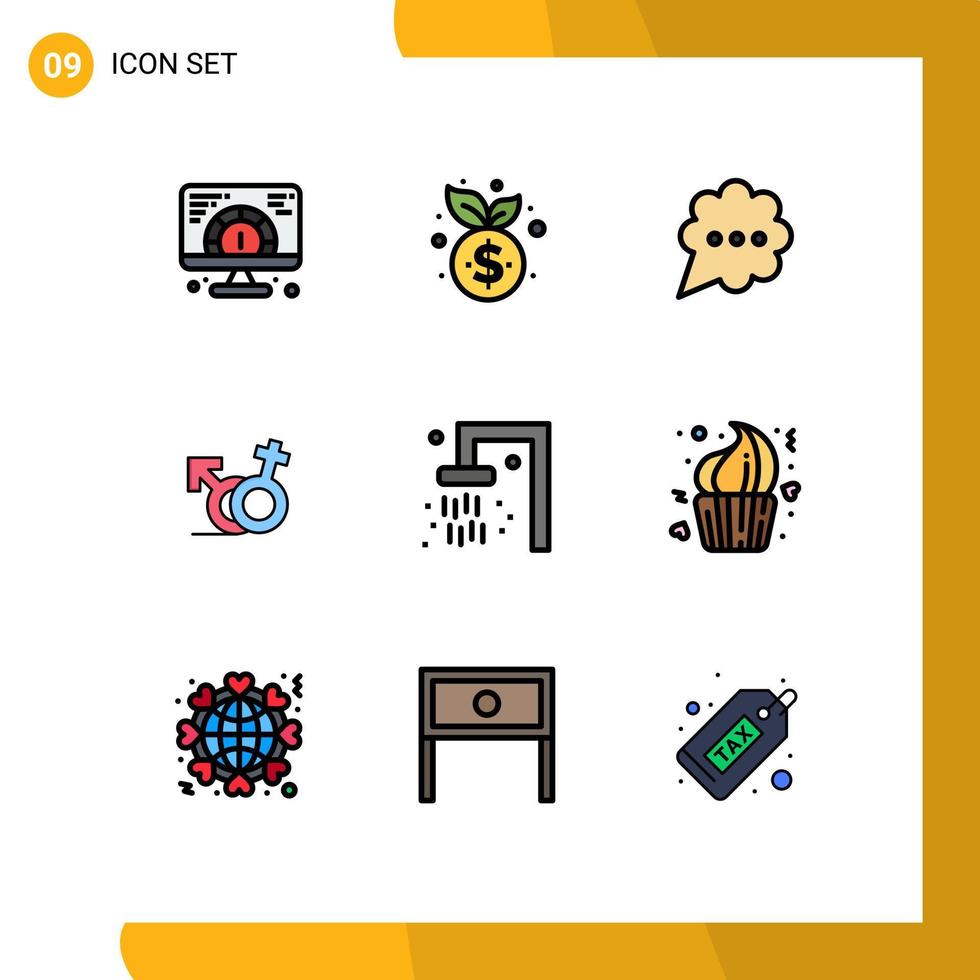 Mobile Interface Filledline Flat Color Set of 9 Pictograms of travel bath bubble female symbol Editable Vector Design Elements