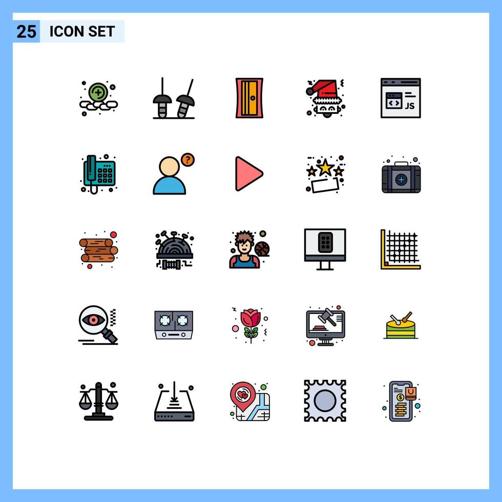 conjunto moderno de 25 colores planos y símbolos de línea rellena, como el código de la herramienta de codificación de desarrollo, elementos de diseño vectorial editables de santa vector