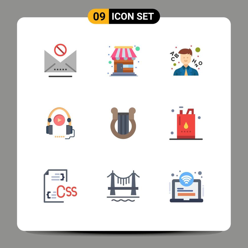 Mobile Interface Flat Color Set of 9 Pictograms of harp culture learn education course Editable Vector Design Elements