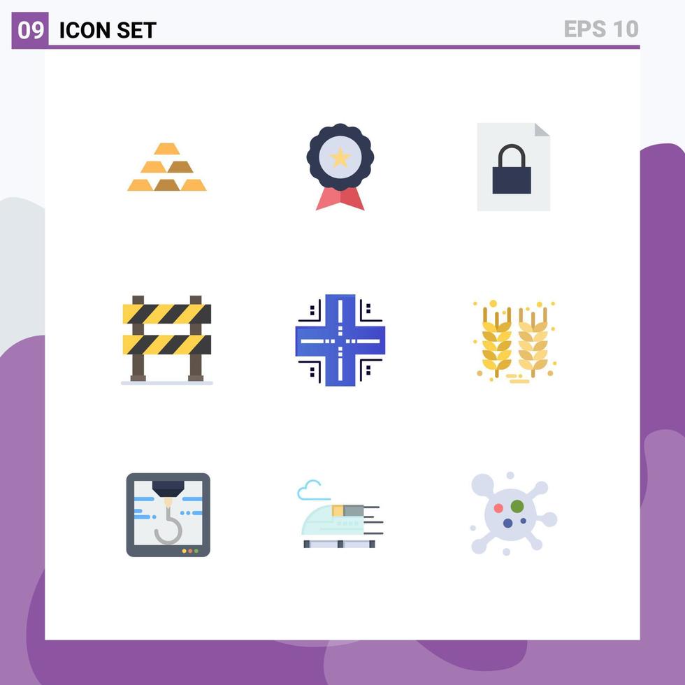 paquete de 9 signos y símbolos de colores planos modernos para medios de impresión web, como barrera de construcción, barrera de comercio electrónico, documento de bloqueo, elementos de diseño vectorial editables vector