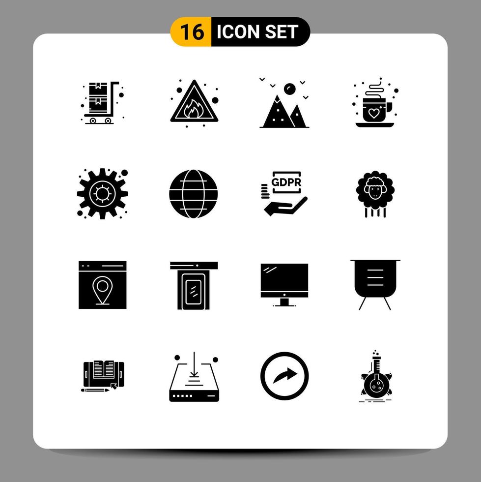 16 Universal Solid Glyphs Set for Web and Mobile Applications setting gear hill tea cup Editable Vector Design Elements