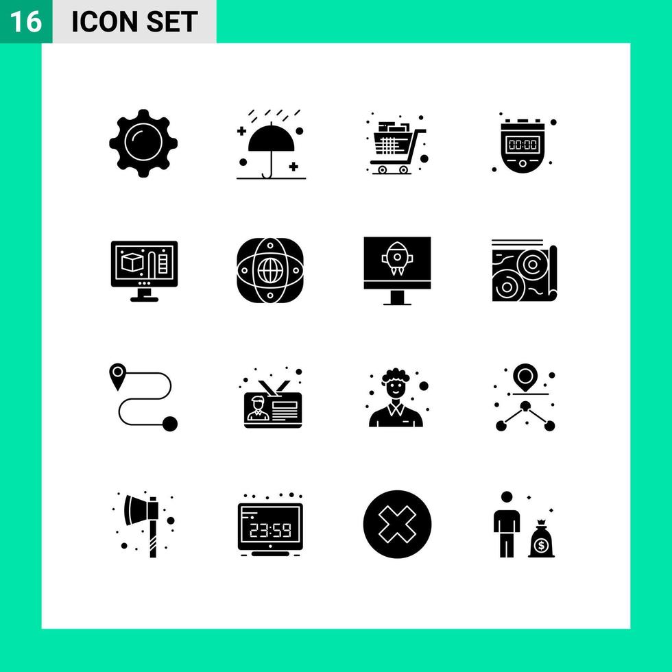 Set of 16 Modern UI Icons Symbols Signs for timer chronometer umbrella trolley groceries Editable Vector Design Elements