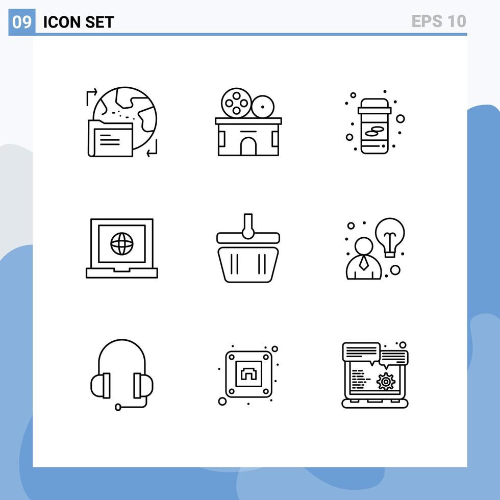 Mobile Interface Outline Set of 9 Pictograms of shapping basket calcium web globe Editable Vector Design Elements